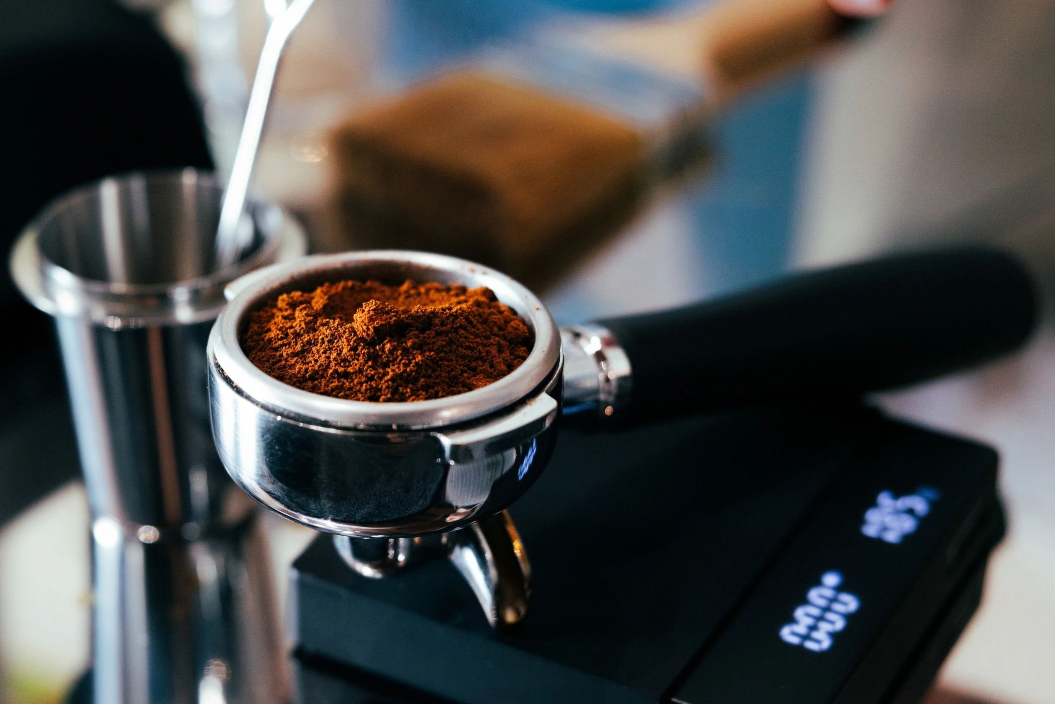 Fresh espresso being brewed at BrewDesk Cafe